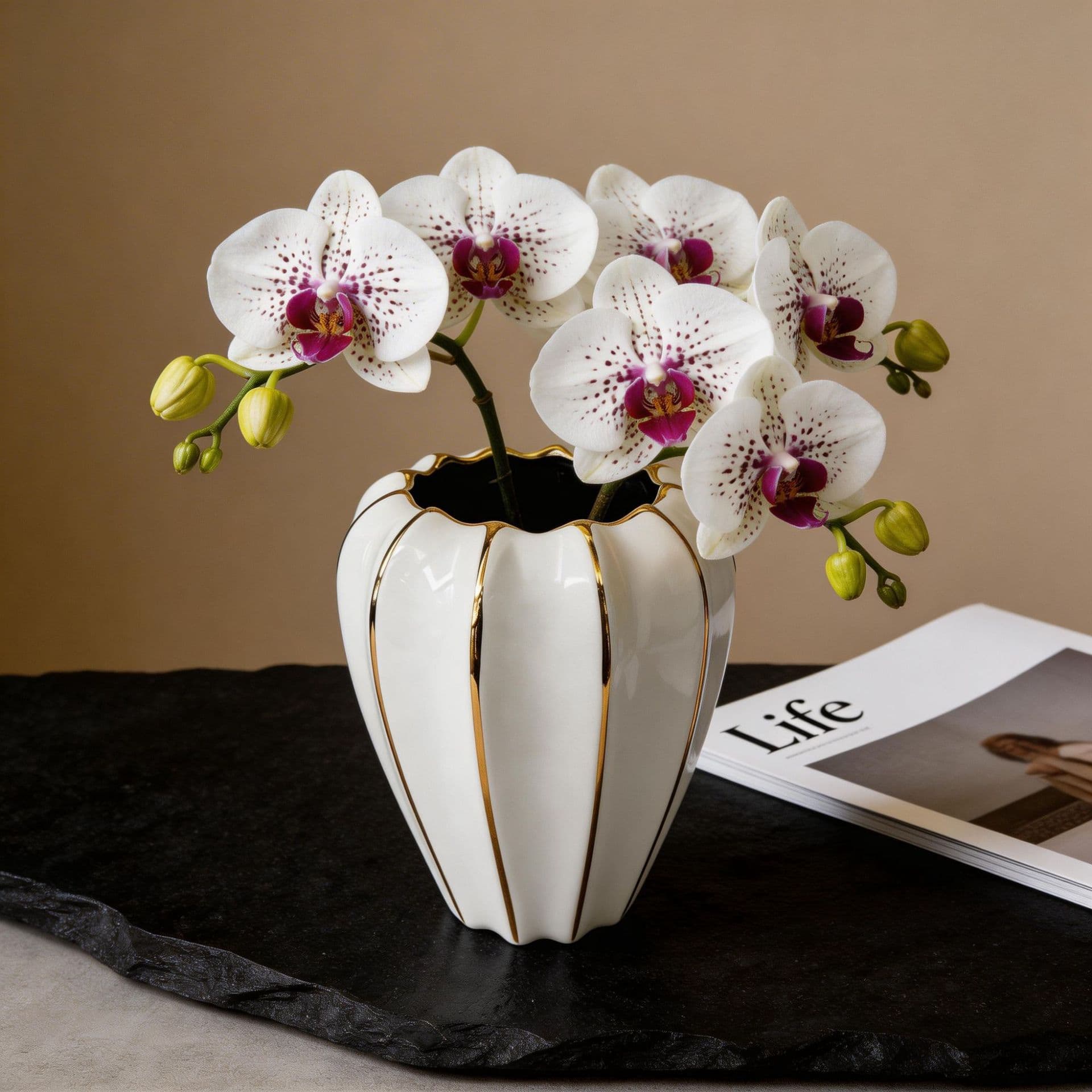 Gold Ribbed Ceramic Vase