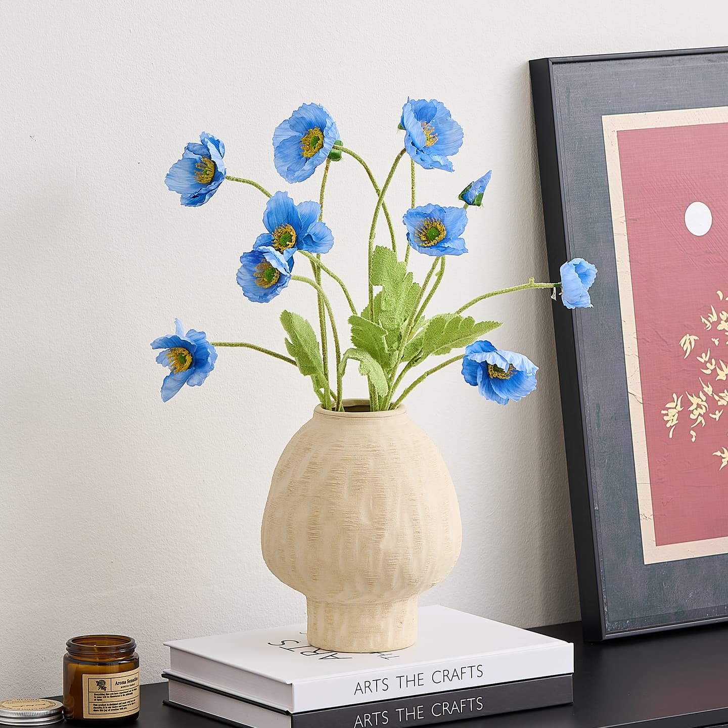 Ivory brushed ceramic vase with blue flowers
