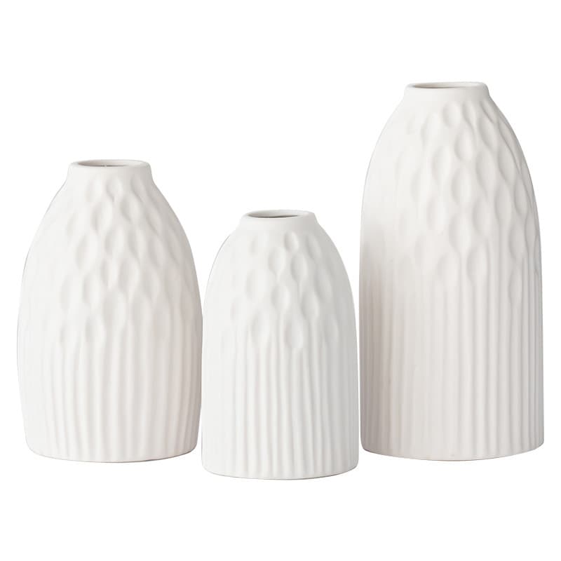 White Ribbed Ceramic Vase Set detail 4
