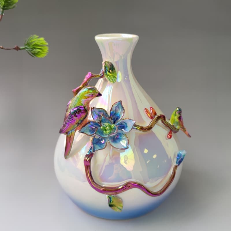 Enamel Bird Flower Ceramic Vase detail 1