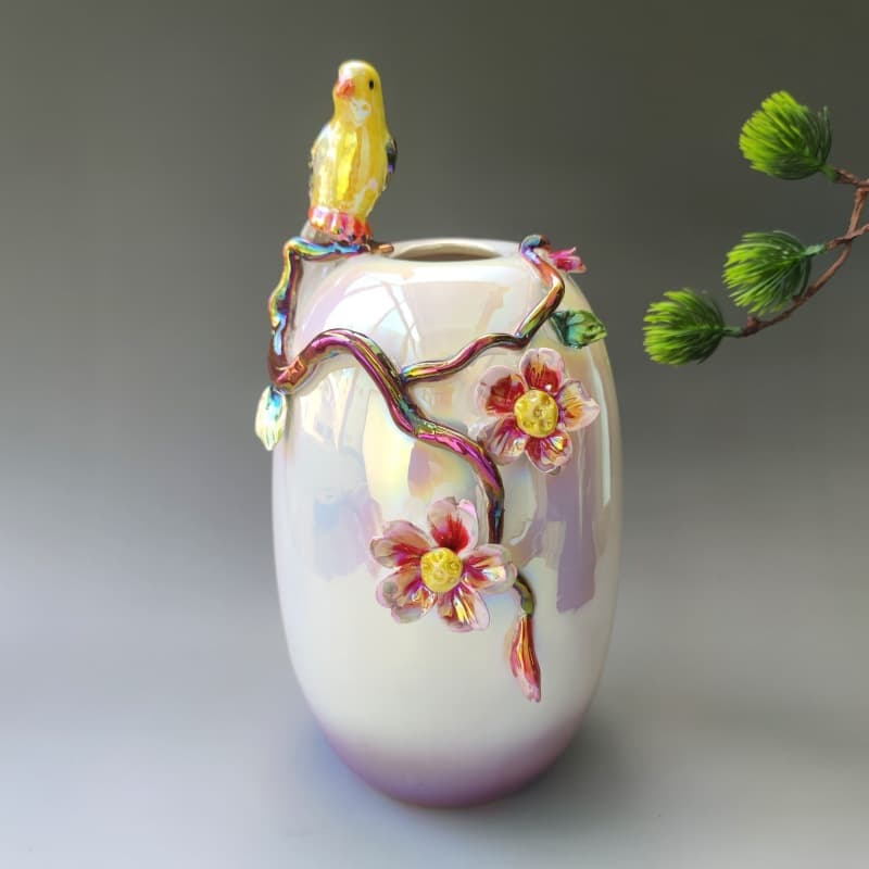 Enamel Bird Flower Ceramic Vase detail 2