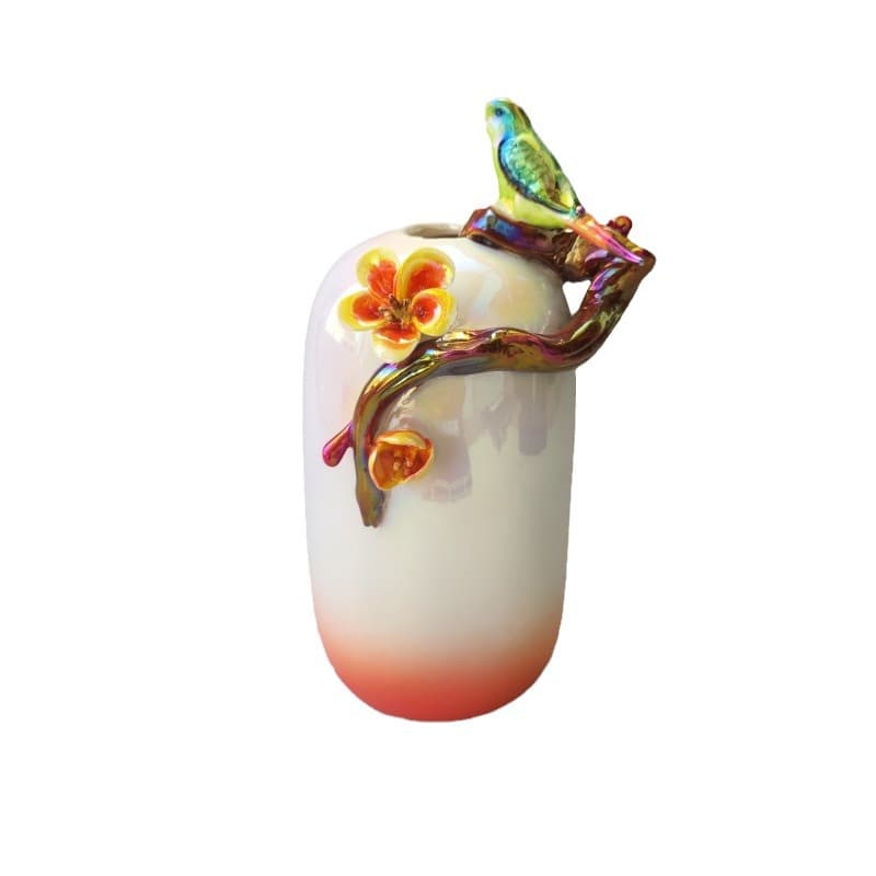 Enamel Bird Flower Ceramic Vase detail 4