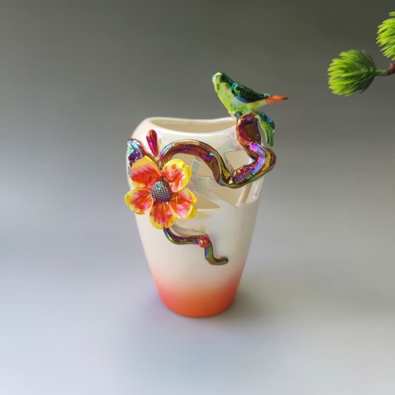Enamel Bird Flower Ceramic Vase detail 5