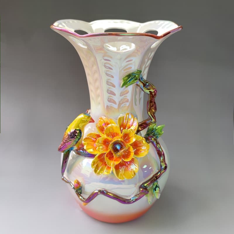 Enamel Bird Flower Ceramic Vase detail 9