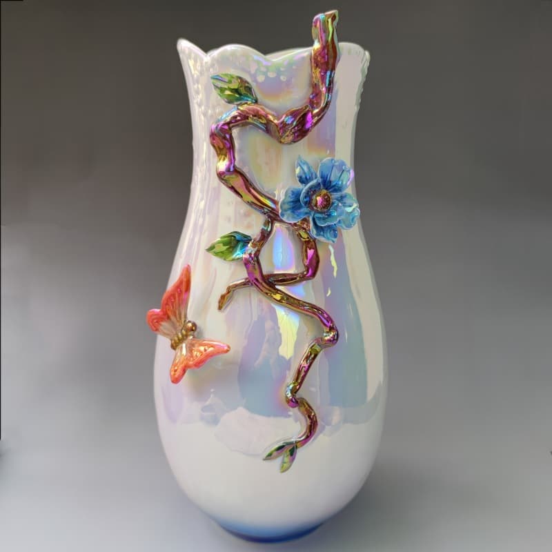 Tall enamel bird flower ceramic vase with blue floral detail