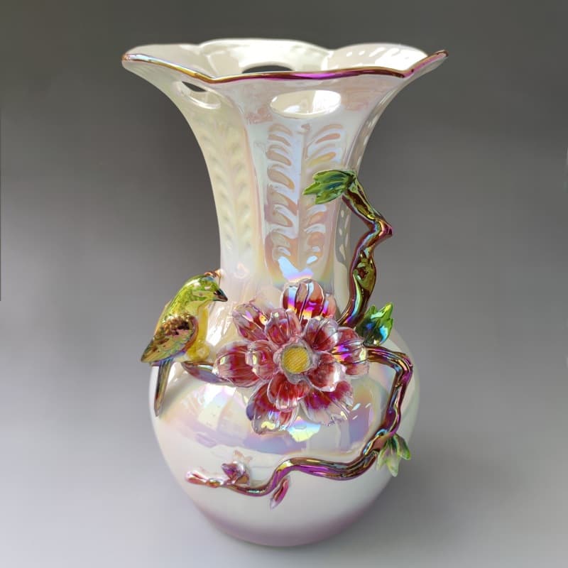 Enamel ceramic vase with flared rim and pink raised flower