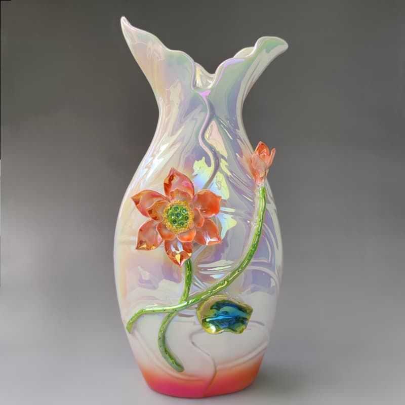 Enamel ceramic vase with orange flower and green vine detail