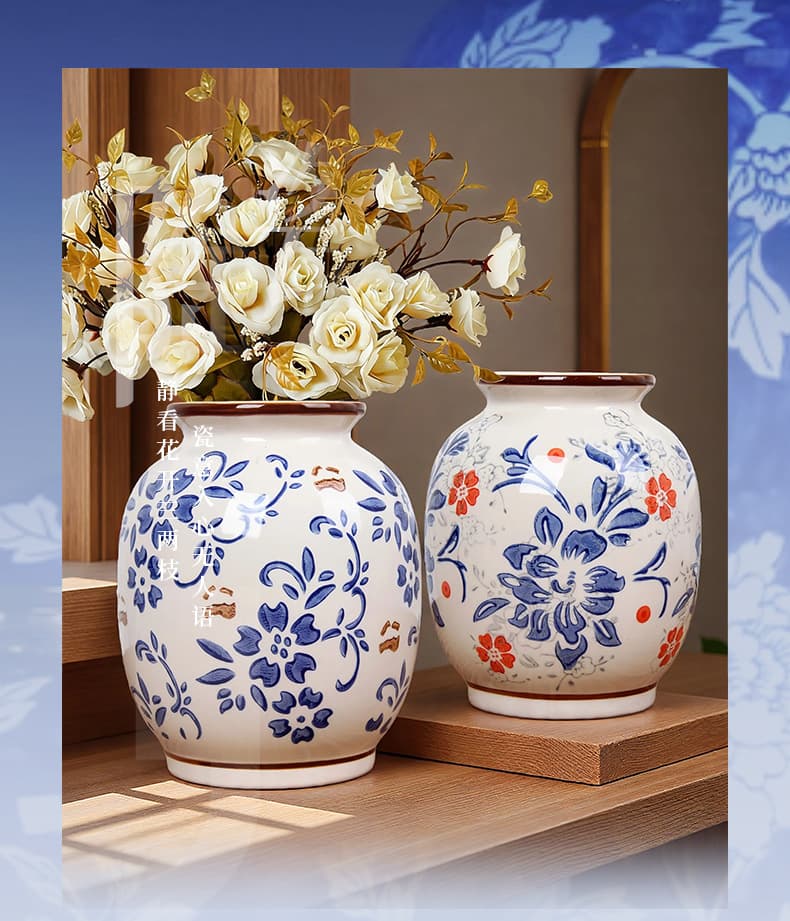 Hand-painted blue porcelain vases styled with white flowers