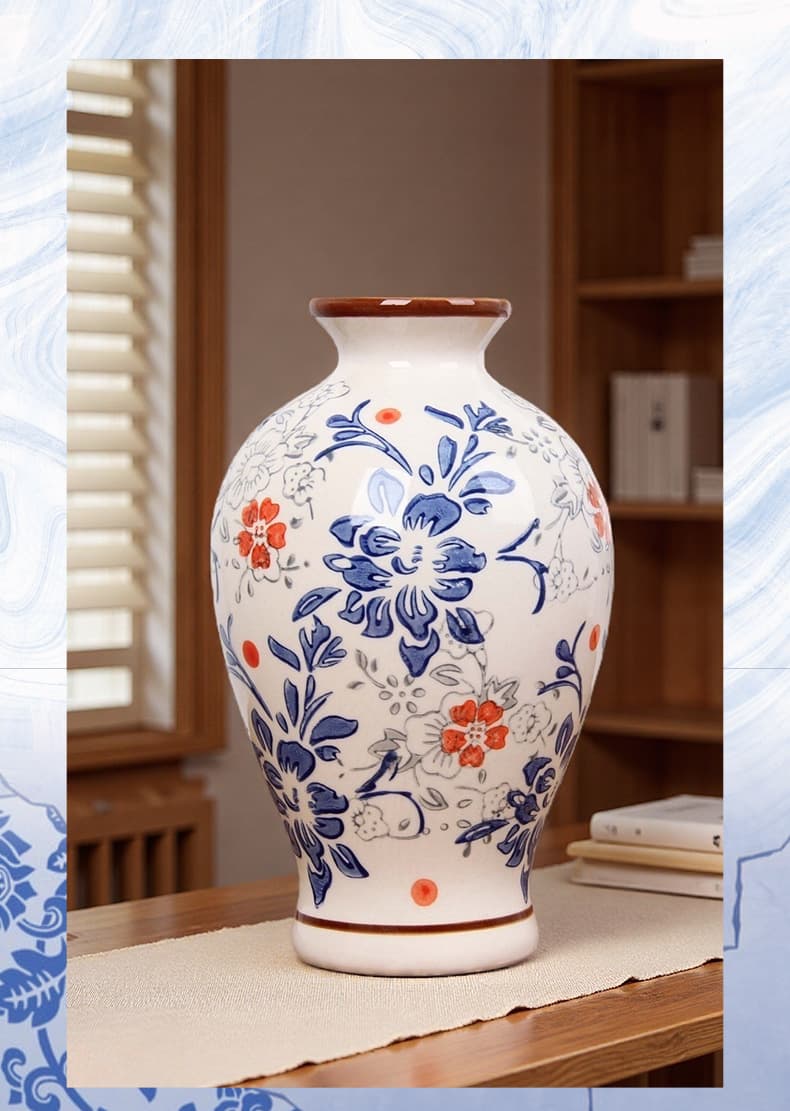 Blue porcelain vase on a warm wood windowsill
