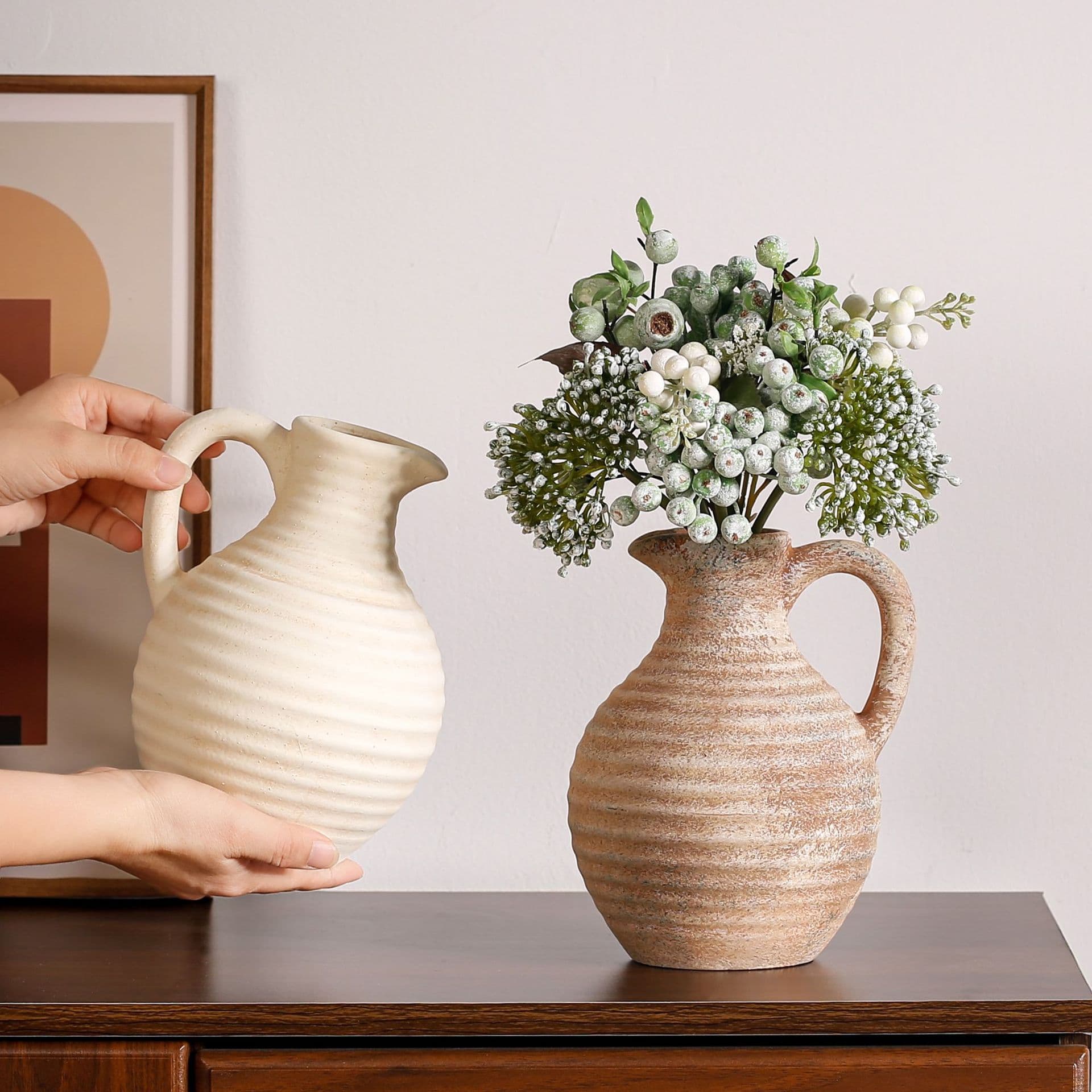 Ribbed pitcher ceramic vase pair with small white florals